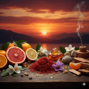 A collection of grapefruit, saffron, vanilla, jasmine