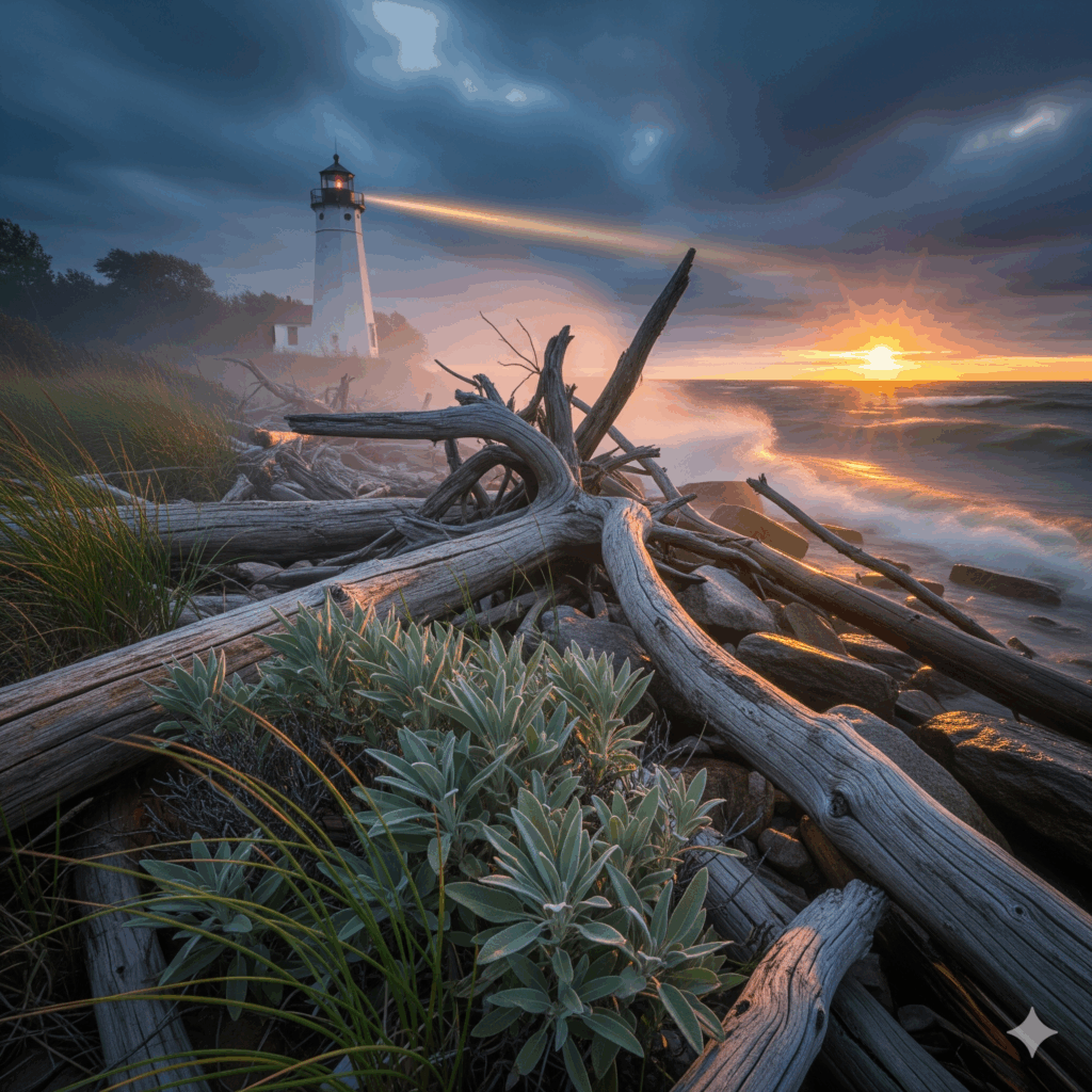A lighthouse peers its light into the horizon on a setting sun in the background while driftwood lays in the foreground of the beach
