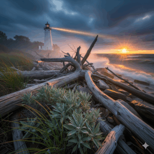 A lighthouse peers its light into the horizon on a setting sun in the background while driftwood lays in the foreground of the beach