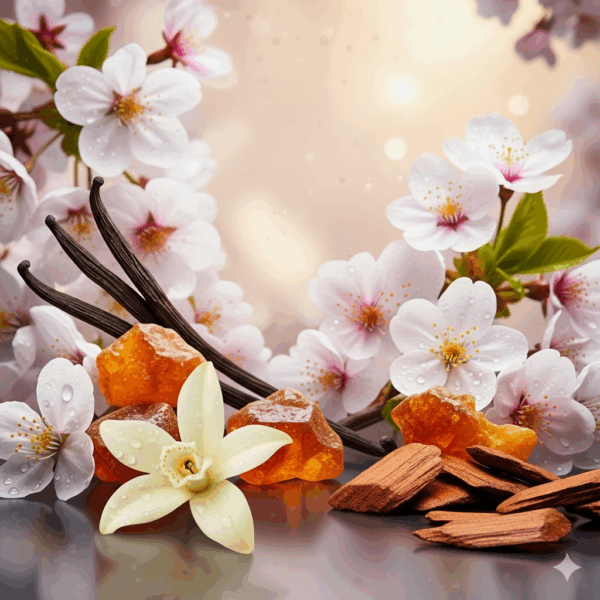 A visual of vanilla, wood chips, cherry blossoms