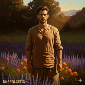 Male wearing linen in a field of lavender and oragne blossoms