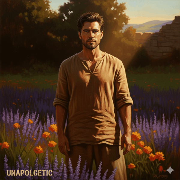 Male wearing linen in a field of lavender and oragne blossoms